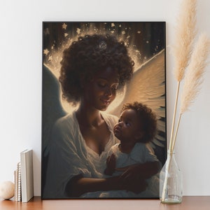 May include: A painting of a Black woman with angel wings holding a young child. The woman is wearing a white dress and the child is wearing a white dress with a blue collar. The background is a dark blue with stars.