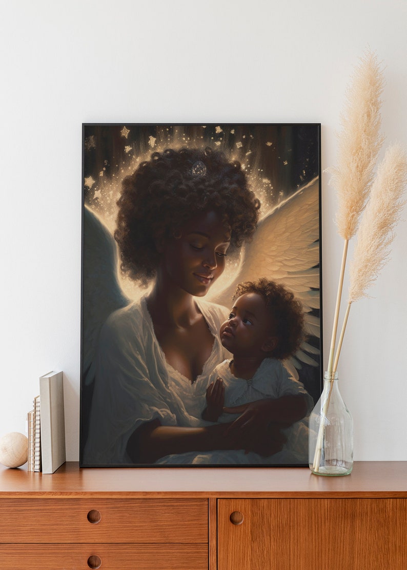 May include: A painting of a Black woman with angel wings holding a young child. The woman is wearing a white dress and the child is wearing a white dress with a blue collar. The background is a dark blue with stars.