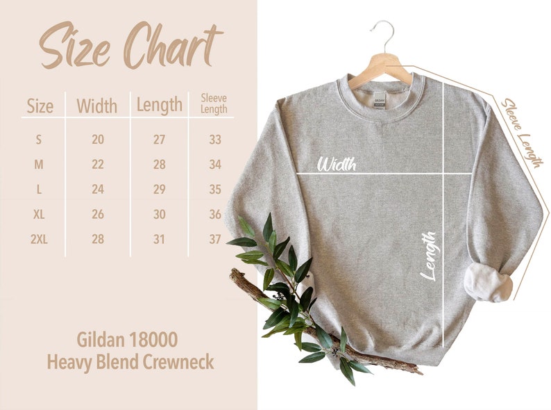 May include: Size chart for a Gildan 18000 Heavy Blend Crewneck sweatshirt. The chart shows the width, length, and sleeve length in inches for sizes S, M, L, XL, and 2XL.