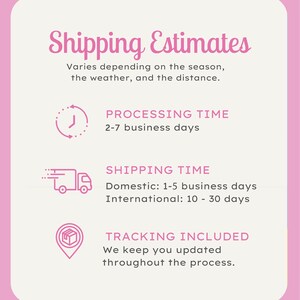 May include: Pink graphic with white text that reads "Shipping Estimates". The text explains that shipping times vary depending on the season, weather, and distance.  There are three icons with text below each icon. The first icon is a clock with the text "Processing Time 2-7 business days". The second icon is a delivery truck with the text "Shipping Time Domestic: 1-5 business days International: 10-30 days". The third icon is a location pin with the text "Tracking Included We keep you updated throughout the process."
