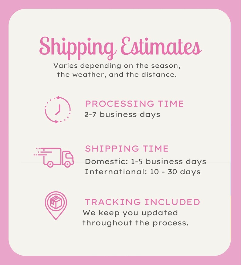 May include: Pink graphic with white text that reads "Shipping Estimates". The text explains that shipping times vary depending on the season, weather, and distance.  There are three icons with text below each icon. The first icon is a clock with the text "Processing Time 2-7 business days". The second icon is a delivery truck with the text "Shipping Time Domestic: 1-5 business days International: 10-30 days". The third icon is a location pin with the text "Tracking Included We keep you updated throughout the process."