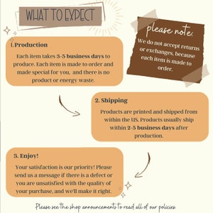 May include: A tan and brown illustrated graphic with the text "What to Expect" and three numbered sections: Production, Shipping, and Enjoy! The graphic explains the production, shipping, and customer satisfaction policies for a shop. The text "Please note: We do not accept returns or exchanges, because each item is made to order." is included in a brown rectangle.