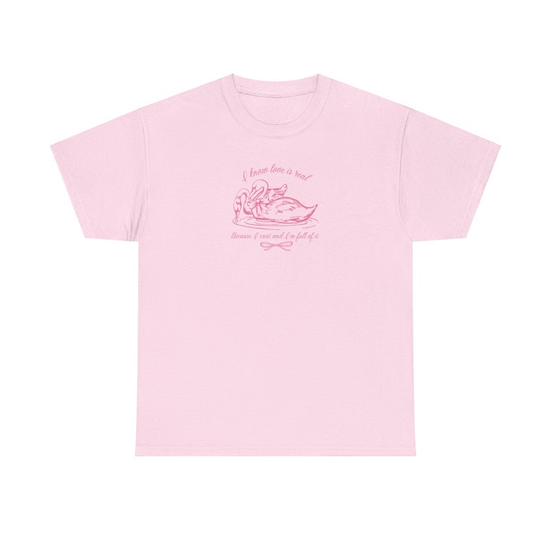 May include: Pink t-shirt with a pink graphic of two swans on a lake. The graphic says "I know love is real because I exist and I'm full of it".