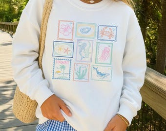 Postage Stamp Shirt Sharks Shark Shirt Whale Shark Ocean Inspired Style Preppy Stuff Oceancore Linocut Shirt Beachshirt Sea Animal Shirt