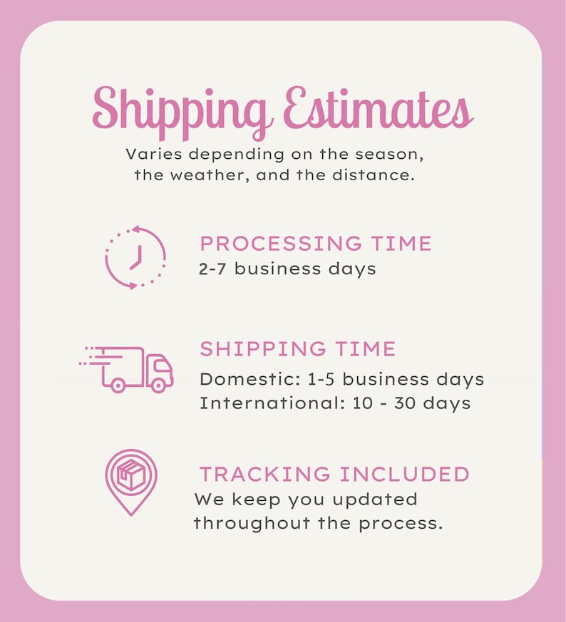 May include: Pink graphic with white text that reads "Shipping Estimates". The text explains that shipping times vary depending on the season, weather, and distance. Three icons with white outlines and black interiors depict processing time, shipping time, and tracking included. The processing time is 2-7 business days. The shipping time is 1-5 business days domestically and 10-30 days internationally. Tracking is included and the customer will be updated throughout the process.