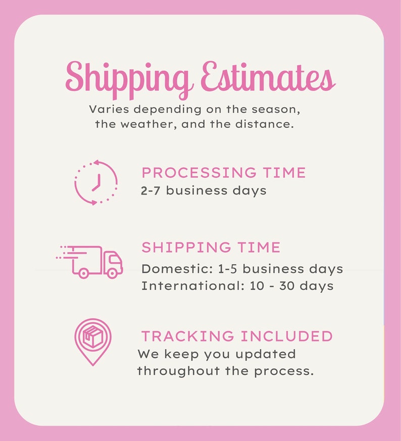 May include: Pink graphic with white text that reads "Shipping Estimates". The text explains that shipping times vary depending on the season, weather, and distance.  There are three icons with text below each icon. The first icon is a clock with the text "Processing Time 2-7 business days". The second icon is a delivery truck with the text "Shipping Time Domestic: 1-5 business days International: 10-30 days". The third icon is a location pin with the text "Tracking Included We keep you updated throughout the process."