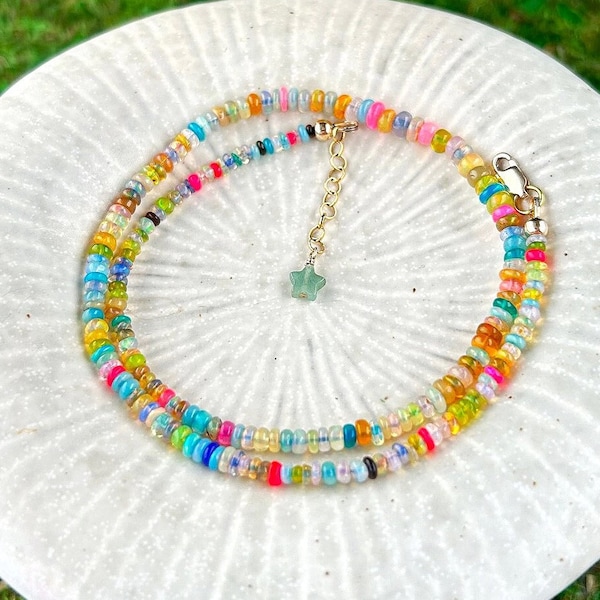Rainbow disco opal beaded necklace. multi-color, flashy genuine Ethiopian opal necklace. Beaded candy necklace with 14k gold fill clasp.