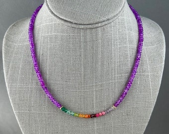 Candy Jade rainbow necklace, purple Jade and multi-colored gemstones, facetted rainbow sparkle jewelry, beaded candy necklace gift for her.
