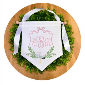 Luxury silk baby birth announcement banner with wood dowel, Luxury baby wreath banner, Luxury nursery decor,