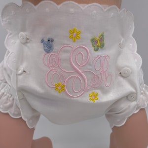 Embroidered button front scallop edge bloomers, Diaper covers, Baby bloomers, Diaper cover with front panel and buttons,Baby diaper cover