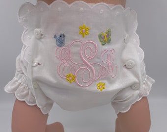 Embroidered button front scallop edge bloomers, Diaper covers, Baby bloomers, Diaper cover with front panel and buttons,Baby diaper cover