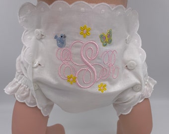 Embroidered button front scallop edge bloomers, Diaper covers, Baby bloomers, Diaper cover with front panel and buttons,Button bloomers baby