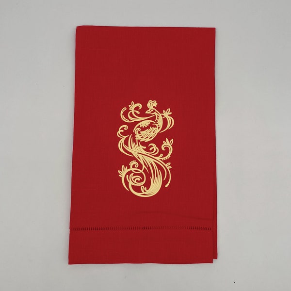 Mahjongg gold metallic peacock on linen cotton towel, Mahjongg decor,Best gift for the Mahjongg lover, Mahjongg bird bam gift and prize