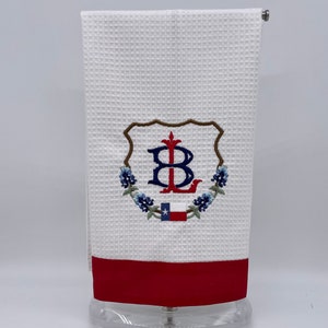 Monogrammed Texas kitchen towel embroidered with bluebonnets and the Texas flag,Texas hostess and wedding bag gift, Ranch decor