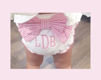 Baby diaper cover with pink gingham bow, Monogrammed baby diaper cover, Baby bloomer, Newborn panty, Best custom baby shower gift