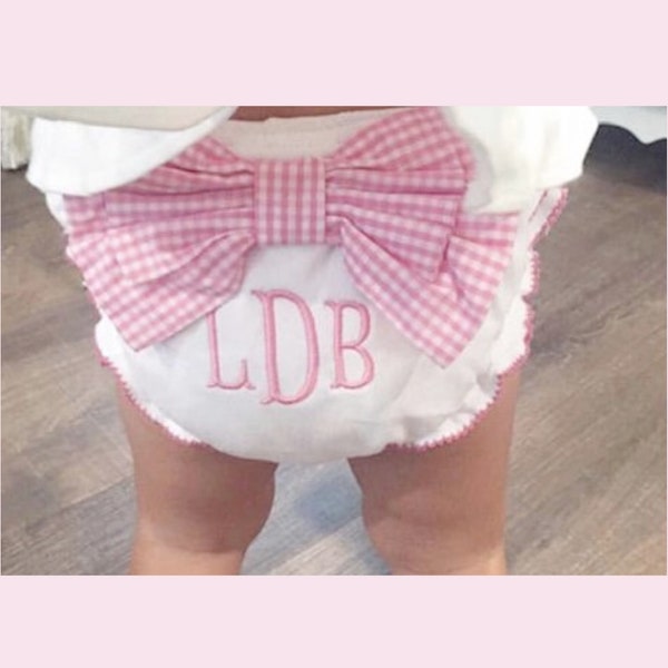 Baby diaper cover with pink gingham bow, Monogrammed baby diaper cover, Baby bloomer, Newborn panty, Best custom baby shower gift