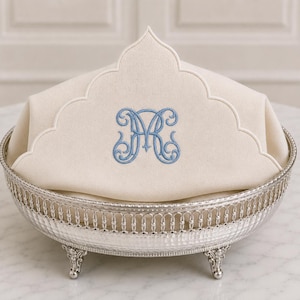 May include: A cream-colored fabric napkin with a scalloped edge and a blue embroidered monogram featuring the letters M and R, resting inside a round, silver-toned metal bowl with a decorative pierced rim and three ornate feet.
