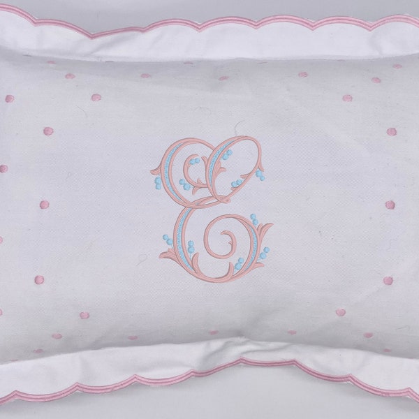 Monogrammed boudoir or baby pillow for the nursery with pink scallop border and pink dots, snap and hook closure for easy pillow placement