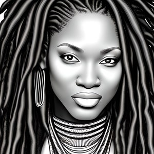 May include: Black and white portrait of a woman with long, textured dreadlocks. She wears large, elongated earrings and a layered necklace with intricate patterns. The image is a close-up, focusing on her face and upper chest.