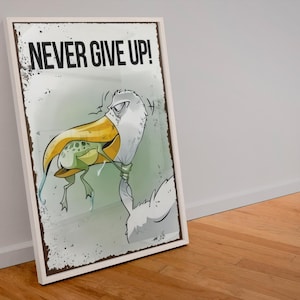 Arte de pared motivacional Nunca te rindas | Impresión digital de alta calidad | Póster inspirador de rana y pájaro | Determinación Resiliencia Decoración