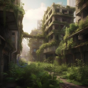 May include: A view down a narrow overgrown street in a city. The buildings are covered in vines and foliage. The street is overgrown with plants and trees.