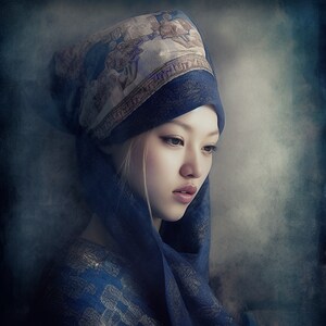 May include: A woman with long blonde hair wears a blue and white patterned headscarf. The scarf is tied under her chin and covers her ears. She is looking down and her expression is sad.