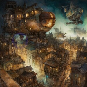 Flying Steampunk City, Digital Print, Surrealistisch, Fantasy Wall Decor, Home Decor, Aquarelkunst, Computerachtergrond, Poster