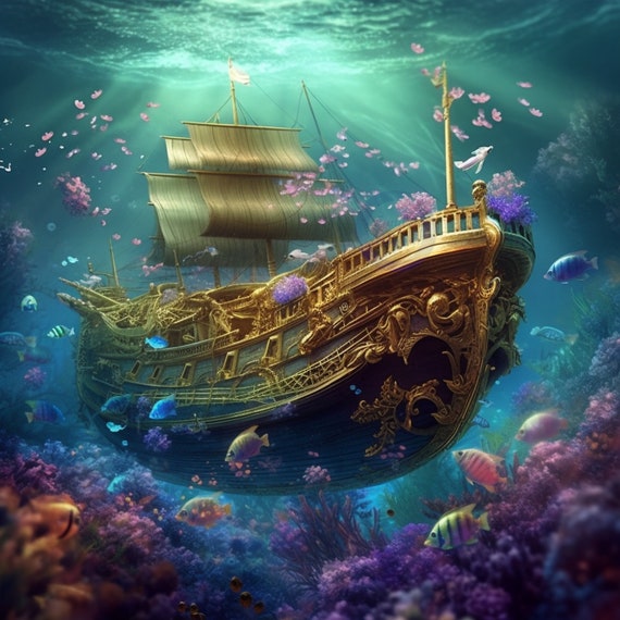 Gold Encrusted Ship Underwater, Digital Print, Surreal, Fantasy Wall Decor,  Home Decor, Art, Computer Background, Poster 