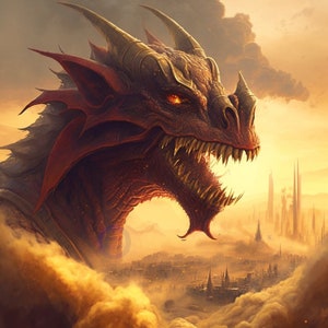 Enorme dragão vermelho com vista para a cidade, impressão digital, surreal, decoração de parede fantasia, decoração de casa, arte, fundo de computador