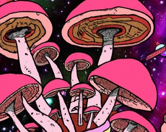 Pack 4 Mushroom Dream Art - Space Mushroom - Psychedelic Mushroom Art - Digital Art - 5 Pack