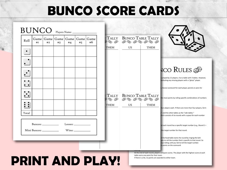 Bunco Score Card and Tally Sheet Bunco Rules and Instructions Etsy