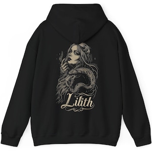 May include: Black hooded sweatshirt with a graphic print of a woman with a snake wrapped around her. The text "Lilith" is printed below the image.