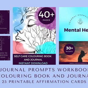 May include: Digital self-care products, including a coloring book and journal with over 40 pages, a journal prompts workbook, and affirmation cards. The image features illustrations and text such as "I trust my intuition" and "Mental Health."