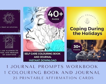 May include: A collection of self-care products, including a coloring book and journal, a journal prompts workbook, and affirmation cards. The image features a woman's face with colorful accents, and text that reads "Coping During the Holidays". The products are designed for instant download.
