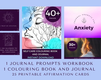 Bundle: Coloring Book and Journal, Journal Prompts for Anxiety and Affirmation Cards