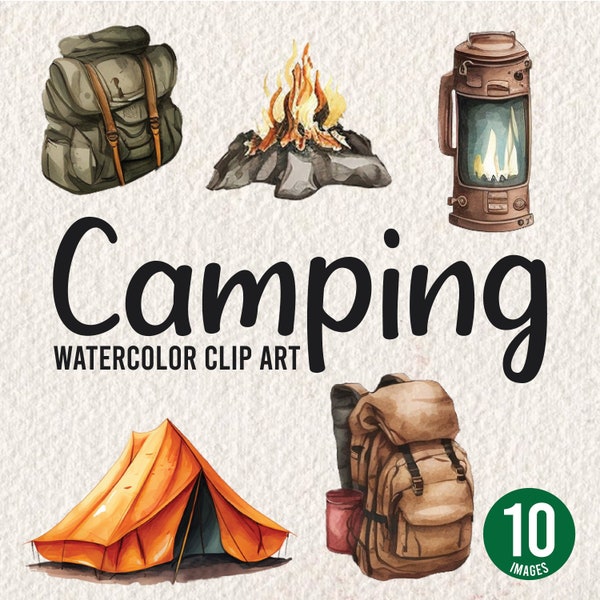 Camping Clipart, Watercolor, Outdoors Clipart Bundle, Instant Download, Hiking Gear,  330 DPI, PNG, Transparent