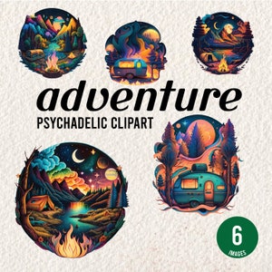 Paquete de 6 imágenes prediseñadas para acampar, estilo de insignia, psicodélico, naturaleza, senderismo, camping, diseño de pegatinas, arte de scrapbooking, PNG, fondo transparente