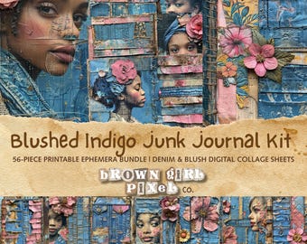 Blushed Indigo Junk Journal Kit – 56-Piece Printable Ephemera Bundle | Denim & Blush Digital Collage Sheets | Scrapbook, Mixed Media Art