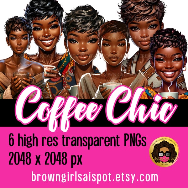 Coffee Chic Sticker Clipart Bundle | Transparent PNG | AI Art | Fashion Clip Art Doll for Print and Cut | Coffee Art