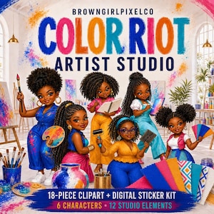 Può includere: Un set di arte digitale intitolato COLOR RIOT ARTIST STUDIO di BROWNGIRLPIXELCO con sei personaggi illustrati in uno studio d'arte. Il set include 18 clip art e un kit di adesivi digitali con vari elementi da studio e motivi colorati.