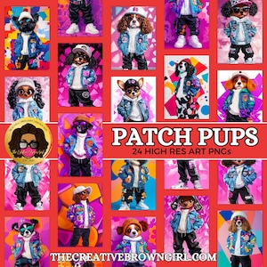 Puede incluir: Un conjunto de impresiones de arte digital que presenta 24 imágenes de perros con chaquetas de mezclilla con parches. Los perros están en varias poses y tienen diferentes colores de pelaje. El fondo es de color rosa brillante con formas geométricas. El texto "PATCH PUPS" y "24 HIGH RES ART PNGS" está en la parte superior de la imagen. El texto "THE CREATIVE BROWNGIRL.COM" está en la parte inferior de la imagen.
