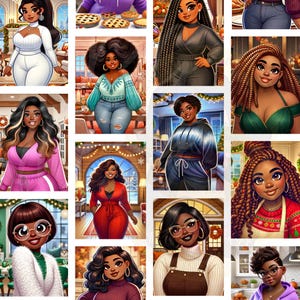 May include: A collage of digital illustrations featuring diverse women with different hairstyles, clothing, and backgrounds. The women are depicted in various poses and expressions, showcasing a range of styles and personalities.
