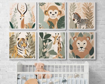 Set of 6 Nursery Boho Safari wall art prints, gender neutral, boys/girls nursery, DIGITAL DOWNLOAD, tiger, lion, giraffe, monkey, antelope