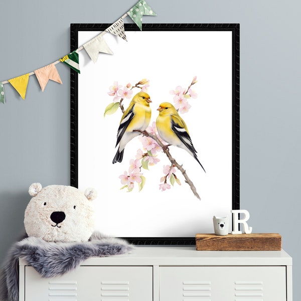 Set of 3 watercolor painting of yellow American Goldfinch birds printable wall art for a nursery, gender neutral, INSTANT DOWNLOAD