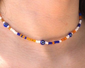 Evil Eye Weiß Gold Navy Perlen Halskette, Perlen Sommer Choker, griechischen Stil Perlen Halskette, stapelbare Halsketten, Y2k Perlen Choker