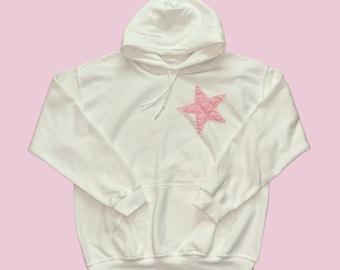 Pink star hoodie, trendy sweatshirt, cute outfit, gift for her, best seller, handmade, pink, gingham, preppy hoodie, comfy pullover,