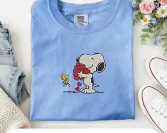 Pup and Bird Hearts Embroidered T-Shirt, Trending Peanuts Spring Shirt, Pastel Comfort Colors