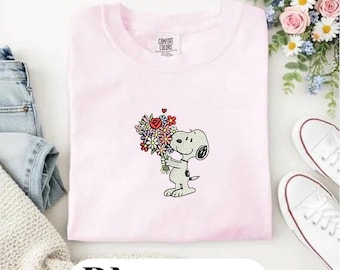 Embroidered Floral Pup T-Shirt, Girly Peanuts Spring Shirt, Trendy Pastel Comfort Colors