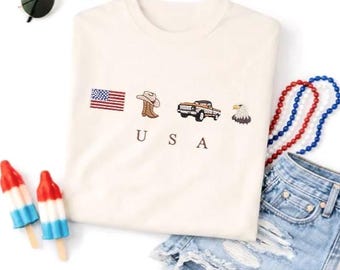 True Patriot Embroidered T-Shirt, All-American Vintage USA Truck & Bald Eagle Apparel