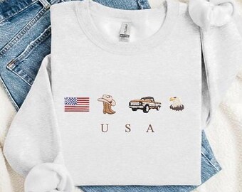 Moletom bordado True Patriot, estilo vintage, com estampa de caminhão, águia e bandeira dos EUA.